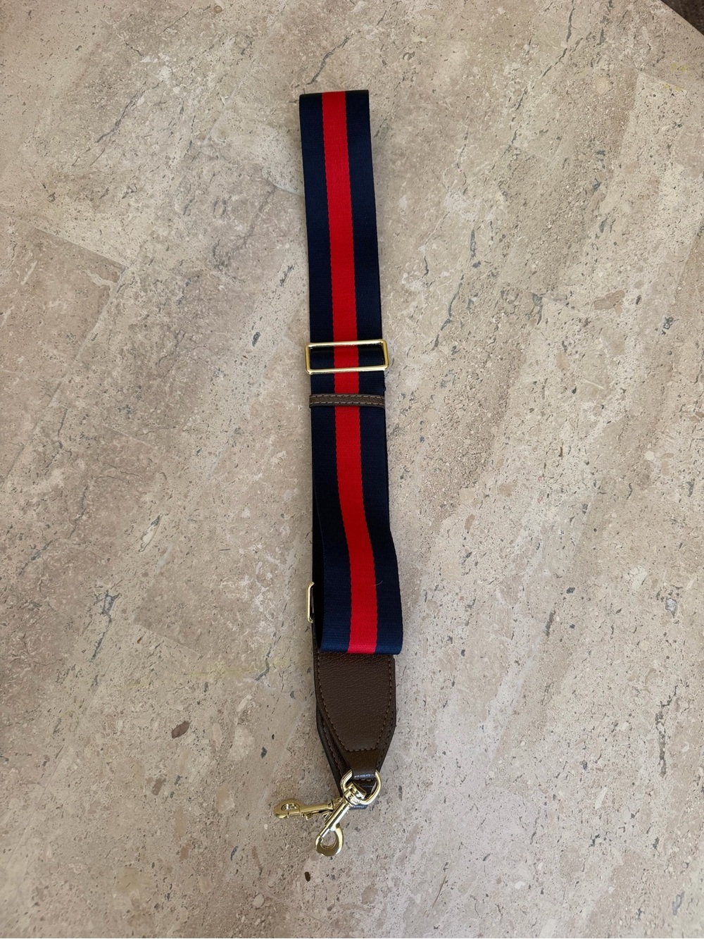 Adjustable Navy Red Striped Replacement Bag Strap Gold Buckle Faux Brown Leather - Picture 2 of 4